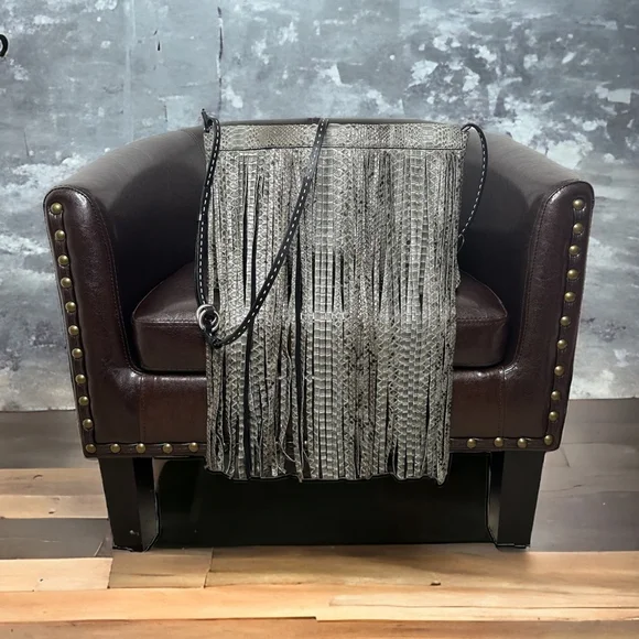 Michael Kors Collection Joni Gray Black Python Leather Fringe Fall Winter Clutch - Picture 2 of 16